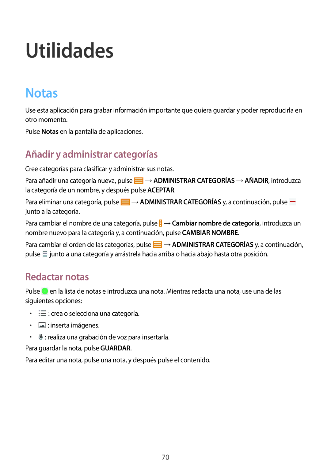 Samsung SM-T330NYKAPHE, SM-T330NZWAPHE manual Utilidades, Notas, Añadir y administrar categorías, Redactar notas 