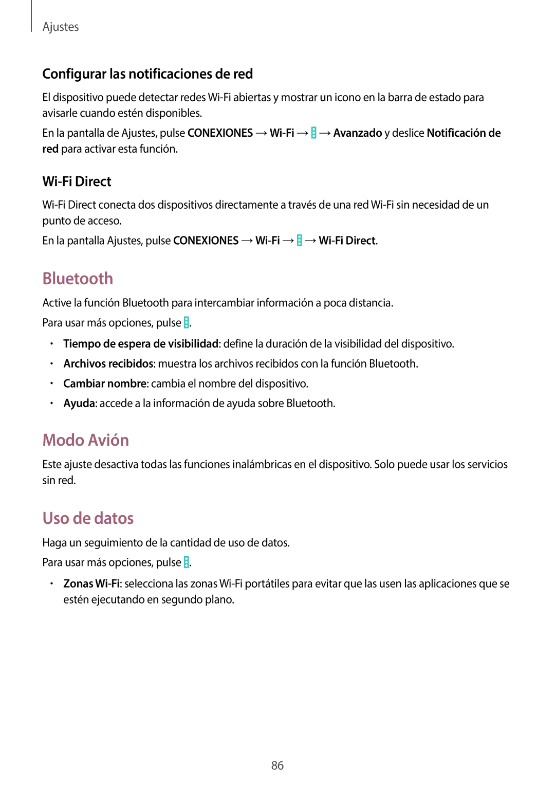 Samsung SM-T330NYKAPHE manual Bluetooth, Modo Avión, Uso de datos, Configurar las notificaciones de red, Wi-Fi Direct 