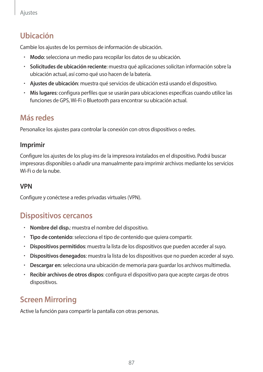 Samsung SM-T330NZWAPHE, SM-T330NYKAPHE manual Ubicación, Más redes, Dispositivos cercanos, Screen Mirroring, Imprimir 