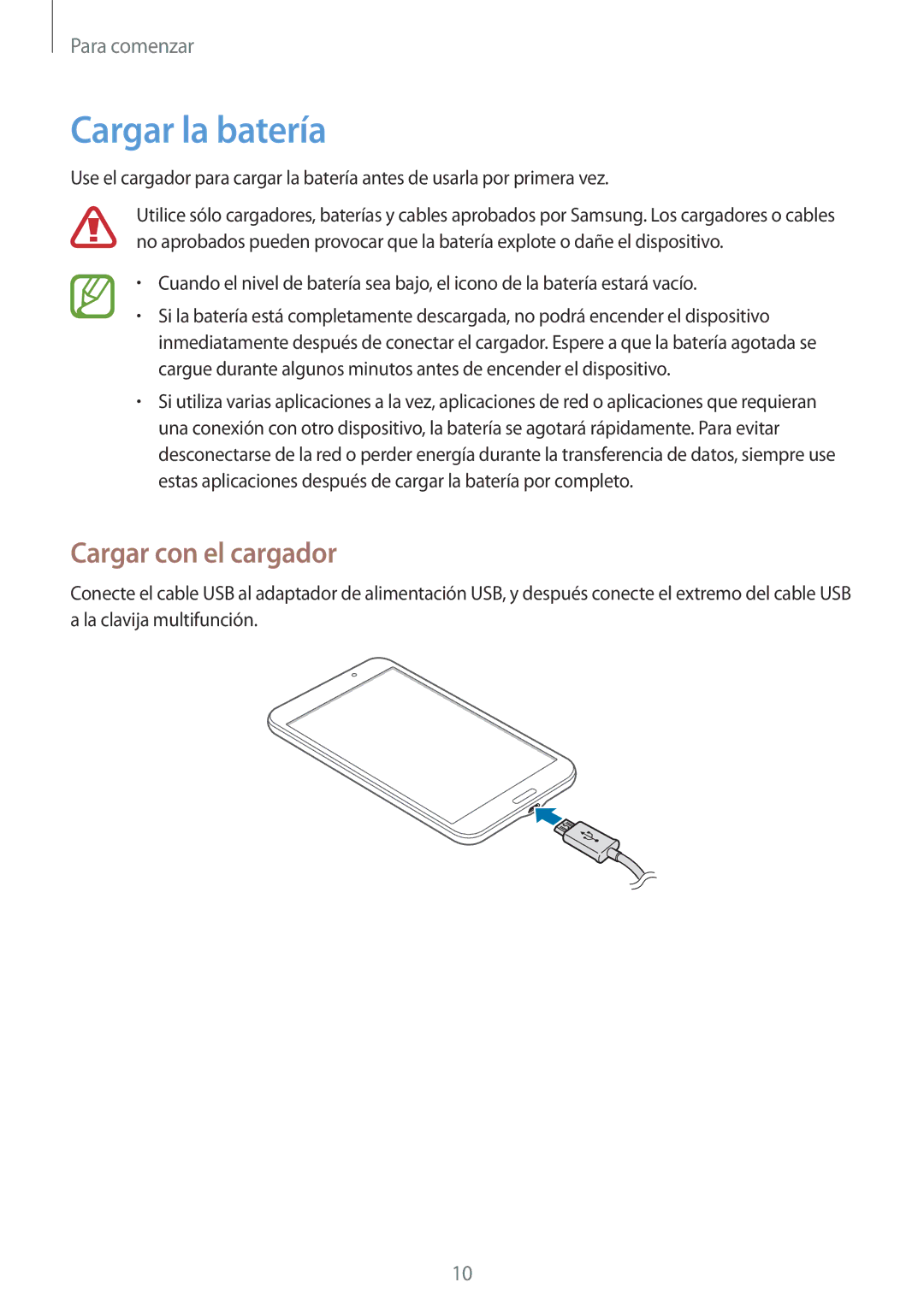 Samsung SM-T330NYKAPHE, SM-T330NZWAPHE manual Cargar la batería, Cargar con el cargador 