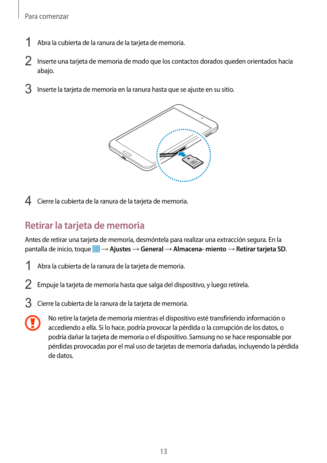 Samsung SM-T330NZWAPHE, SM-T330NYKAPHE manual Retirar la tarjeta de memoria 