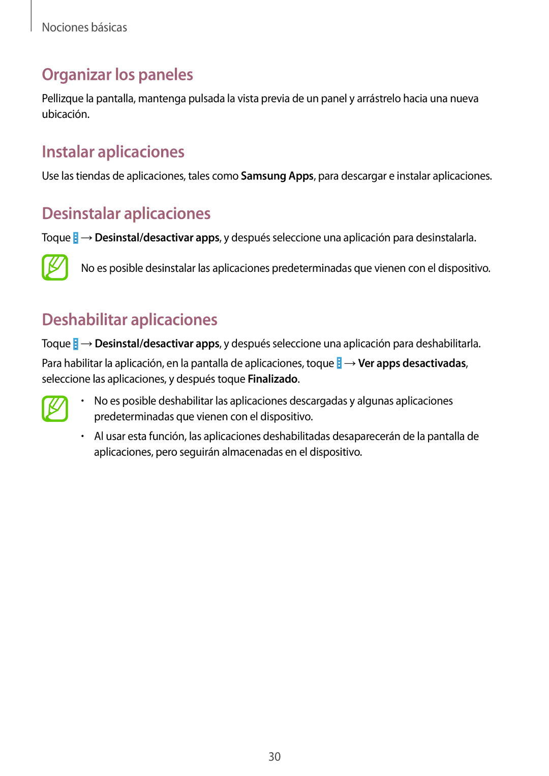 Samsung SM-T330NYKAPHE, SM-T330NZWAPHE manual Instalar aplicaciones, Desinstalar aplicaciones, Deshabilitar aplicaciones 