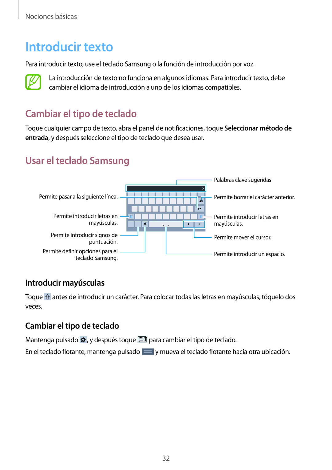 Samsung SM-T330NYKAPHE manual Introducir texto, Cambiar el tipo de teclado, Usar el teclado Samsung, Introducir mayúsculas 