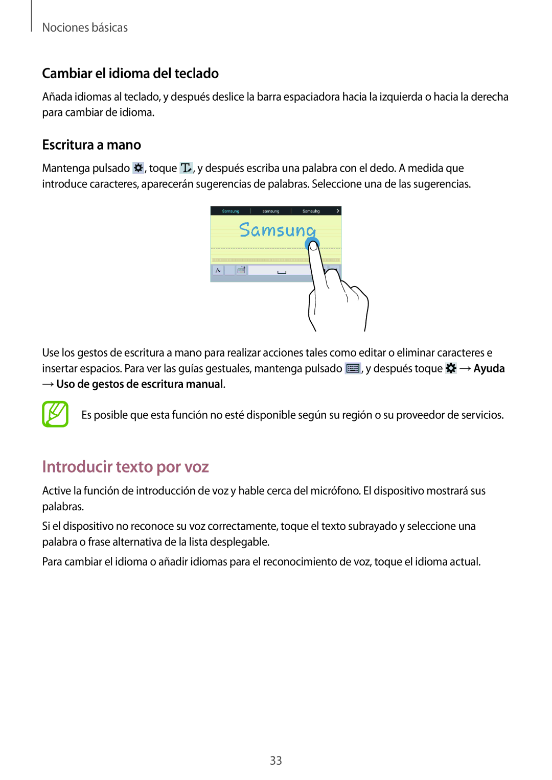 Samsung SM-T330NZWAPHE, SM-T330NYKAPHE manual Introducir texto por voz, Cambiar el idioma del teclado, Escritura a mano 