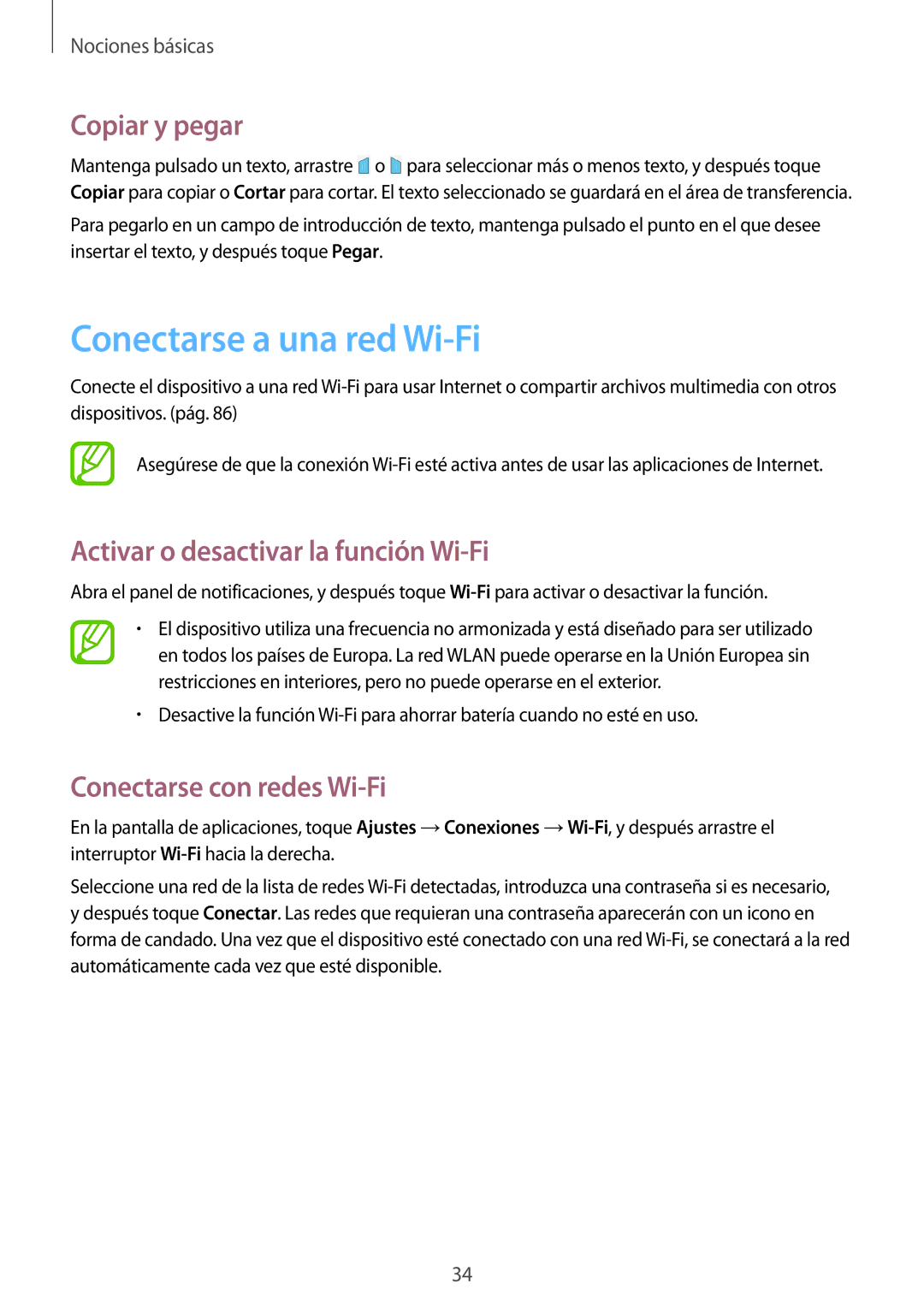 Samsung SM-T330NYKAPHE, SM-T330NZWAPHE Conectarse a una red Wi-Fi, Copiar y pegar, Activar o desactivar la función Wi-Fi 