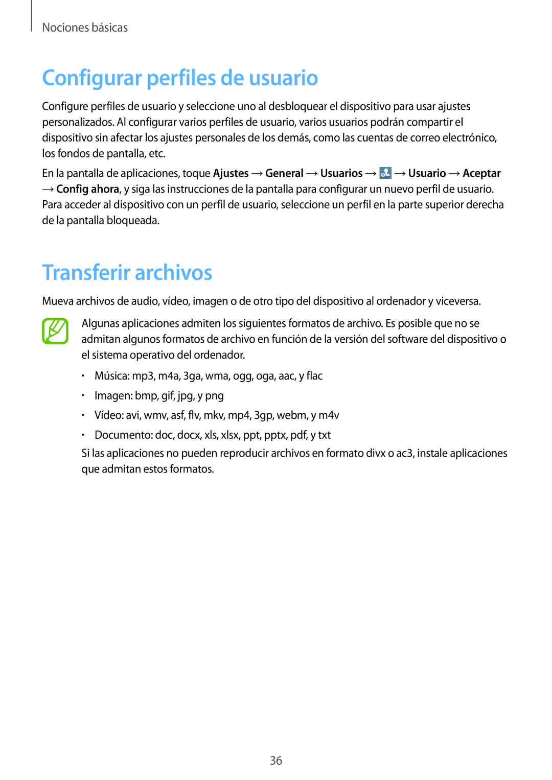 Samsung SM-T330NYKAPHE, SM-T330NZWAPHE manual Configurar perfiles de usuario, Transferir archivos 