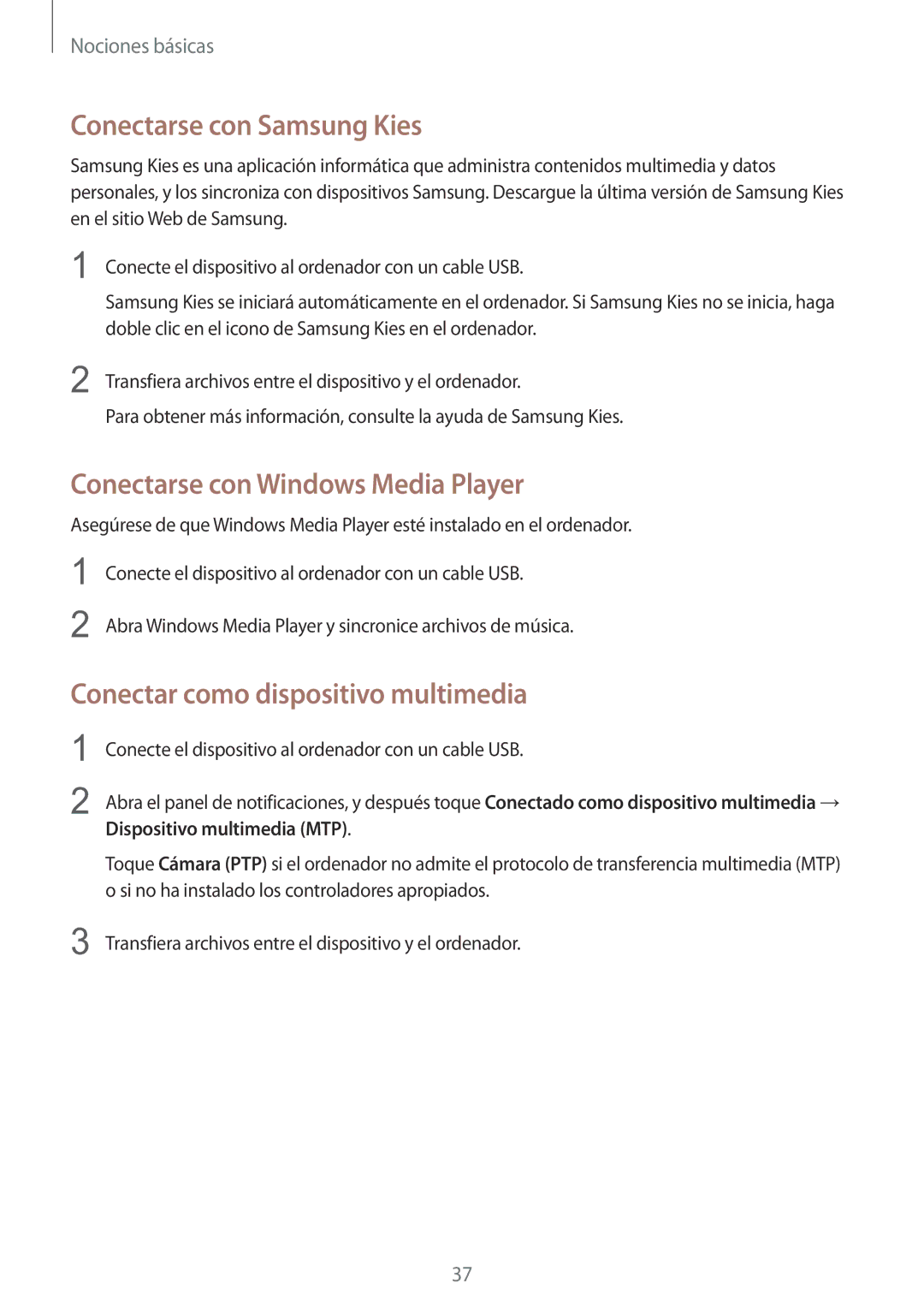 Samsung SM-T330NZWAPHE, SM-T330NYKAPHE manual Conectarse con Samsung Kies, Conectarse con Windows Media Player 