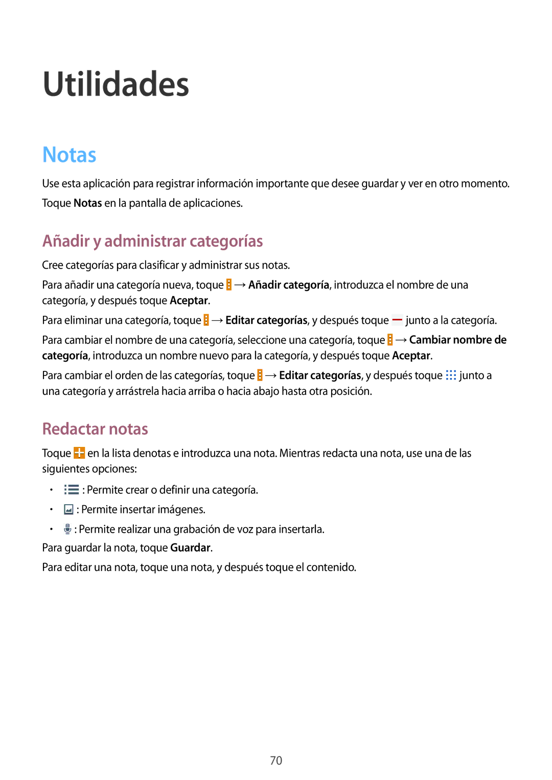 Samsung SM-T330NYKAPHE, SM-T330NZWAPHE manual Utilidades, Notas, Añadir y administrar categorías, Redactar notas 