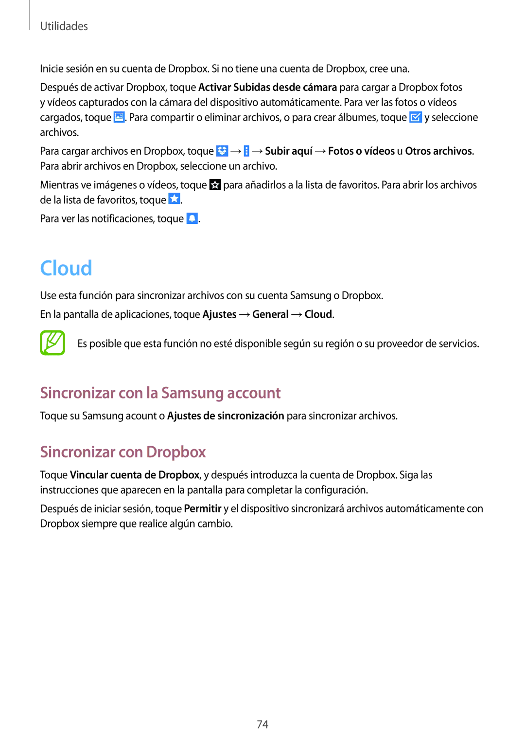 Samsung SM-T330NYKAPHE, SM-T330NZWAPHE manual Cloud, Sincronizar con la Samsung account, Sincronizar con Dropbox 