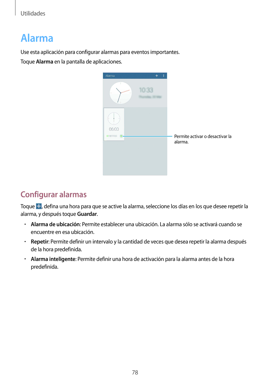 Samsung SM-T330NYKAPHE, SM-T330NZWAPHE manual Alarma, Configurar alarmas 