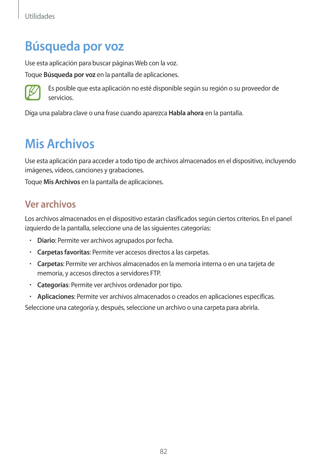 Samsung SM-T330NYKAPHE, SM-T330NZWAPHE manual Búsqueda por voz, Mis Archivos, Ver archivos 