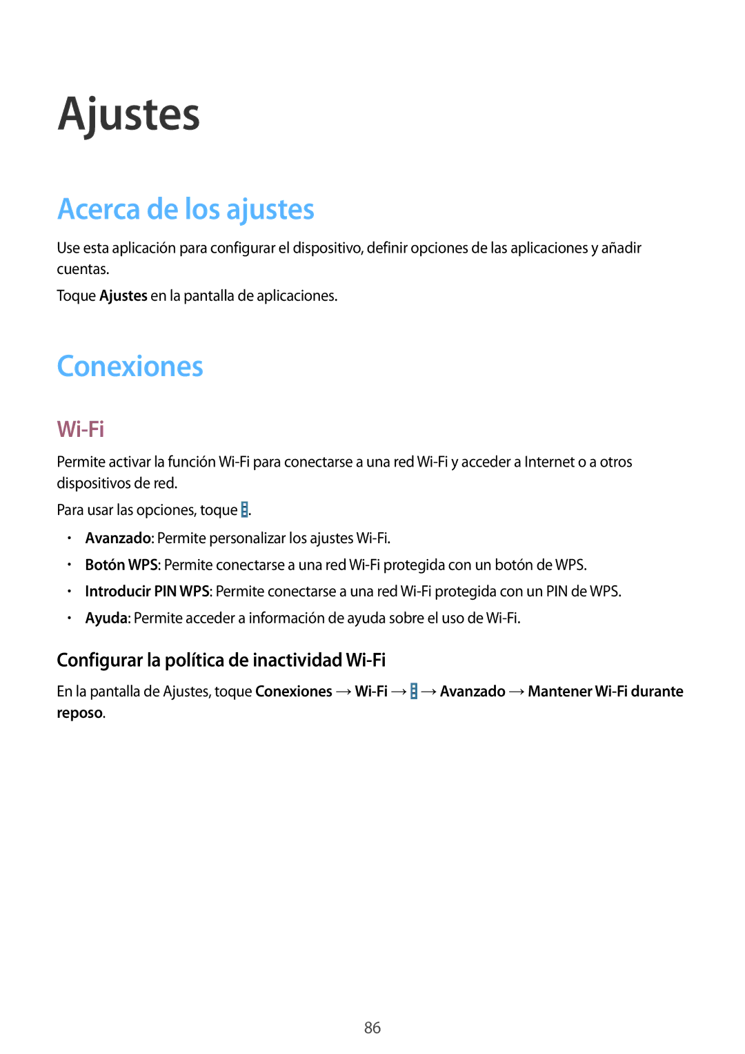 Samsung SM-T330NYKAPHE manual Ajustes, Acerca de los ajustes, Conexiones, Configurar la política de inactividad Wi-Fi 