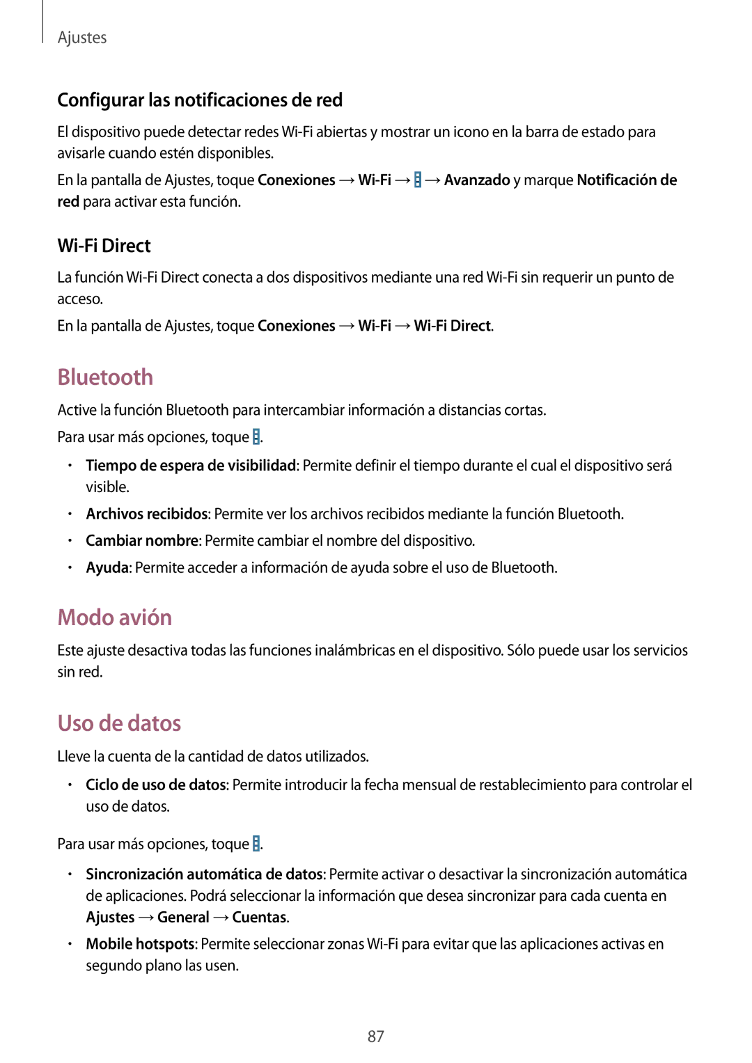 Samsung SM-T330NZWAPHE manual Bluetooth, Modo avión, Uso de datos, Configurar las notificaciones de red, Wi-Fi Direct 