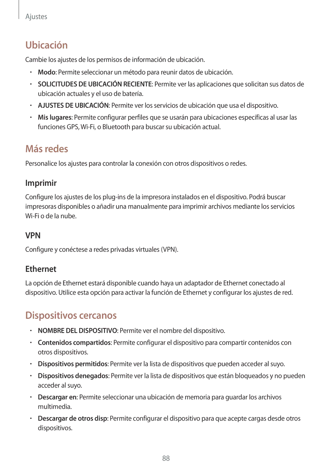 Samsung SM-T330NYKAPHE, SM-T330NZWAPHE manual Ubicación, Más redes, Dispositivos cercanos, Imprimir, Ethernet 