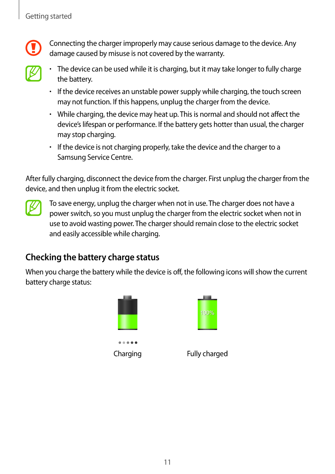 Samsung SM-T330NZWAKSA manual Checking the battery charge status 