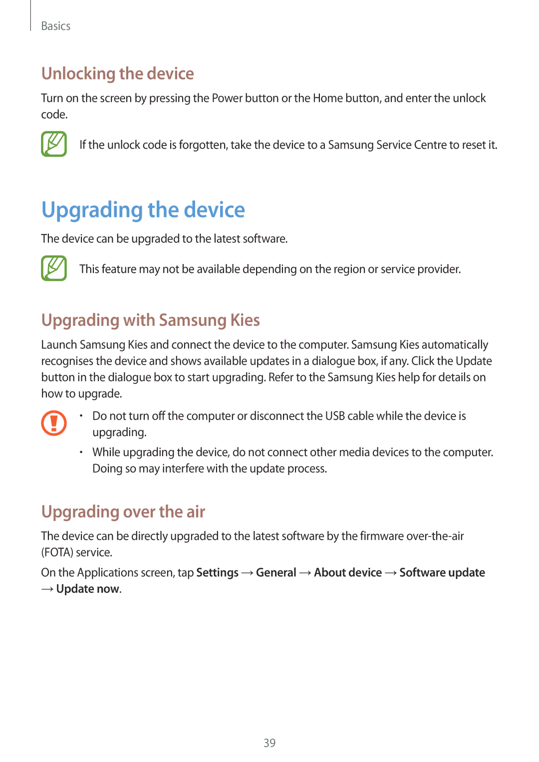 Samsung SM-T330NZWAKSA Upgrading the device, Unlocking the device, Upgrading with Samsung Kies, Upgrading over the air 