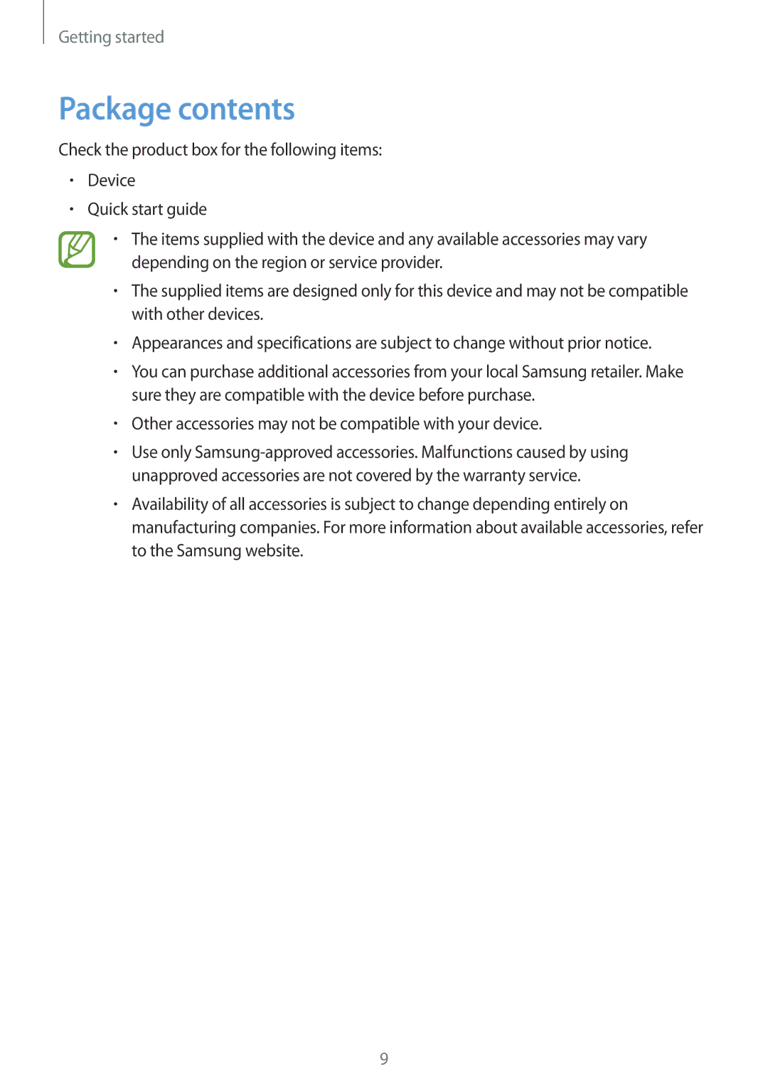 Samsung SM-T330NZWAKSA manual Package contents 