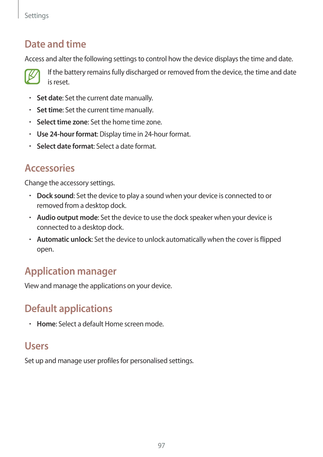 Samsung SM-T330NZWAKSA manual Date and time, Accessories, Application manager, Default applications, Users 