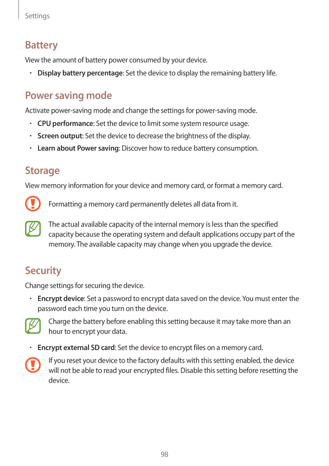 Samsung SM-T330NZWAKSA manual Battery, Power saving mode, Storage, Security 