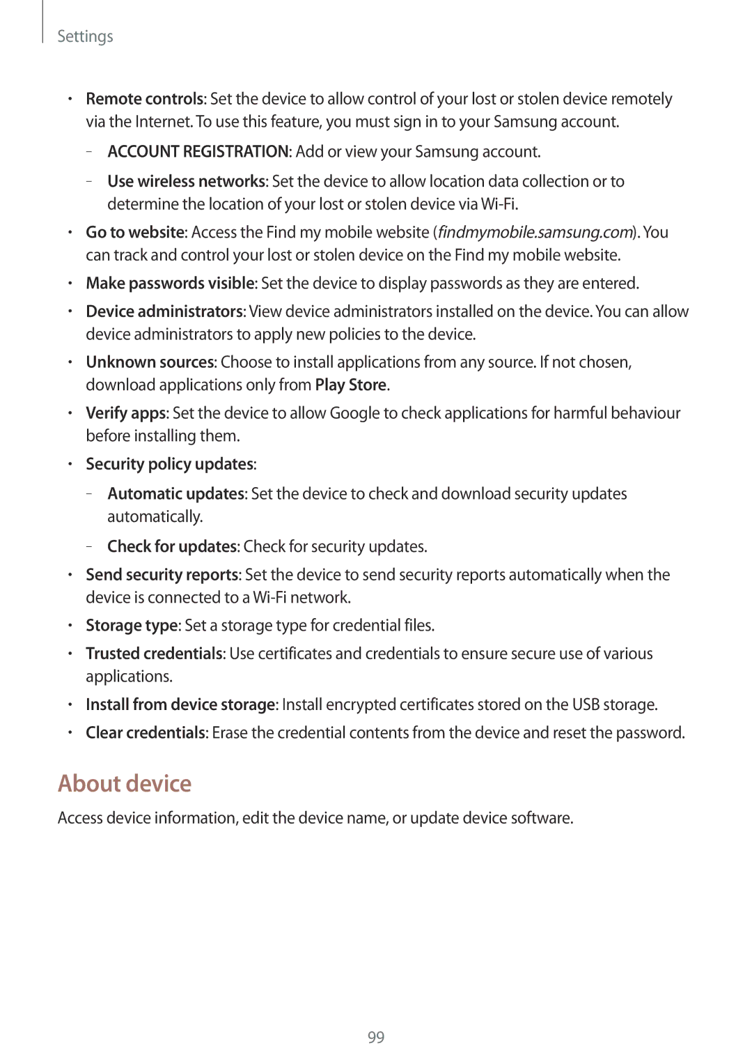 Samsung SM-T330NZWAKSA manual About device, Security policy updates 