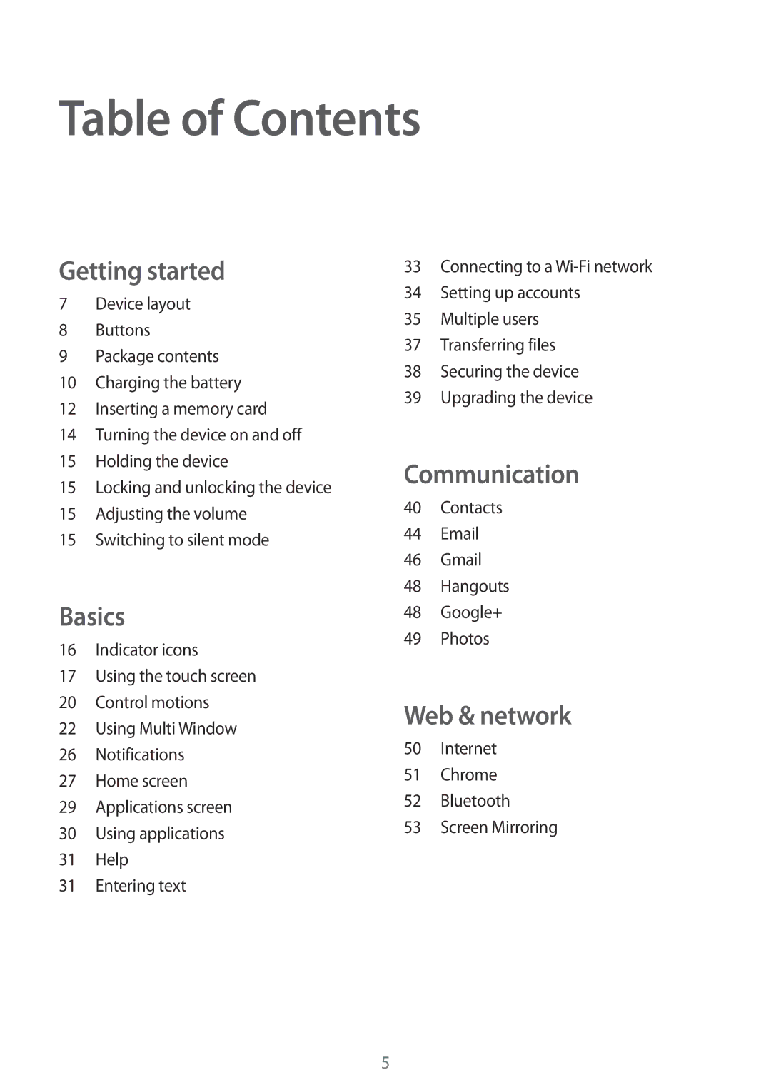 Samsung SM-T330NZWAXEF, SM-T330NZWATPH, SM-T330NYKADBT, SM-T330NYKATUR, SM-T330NZWADBT, SM-T330NZWATUR manual Table of Contents 