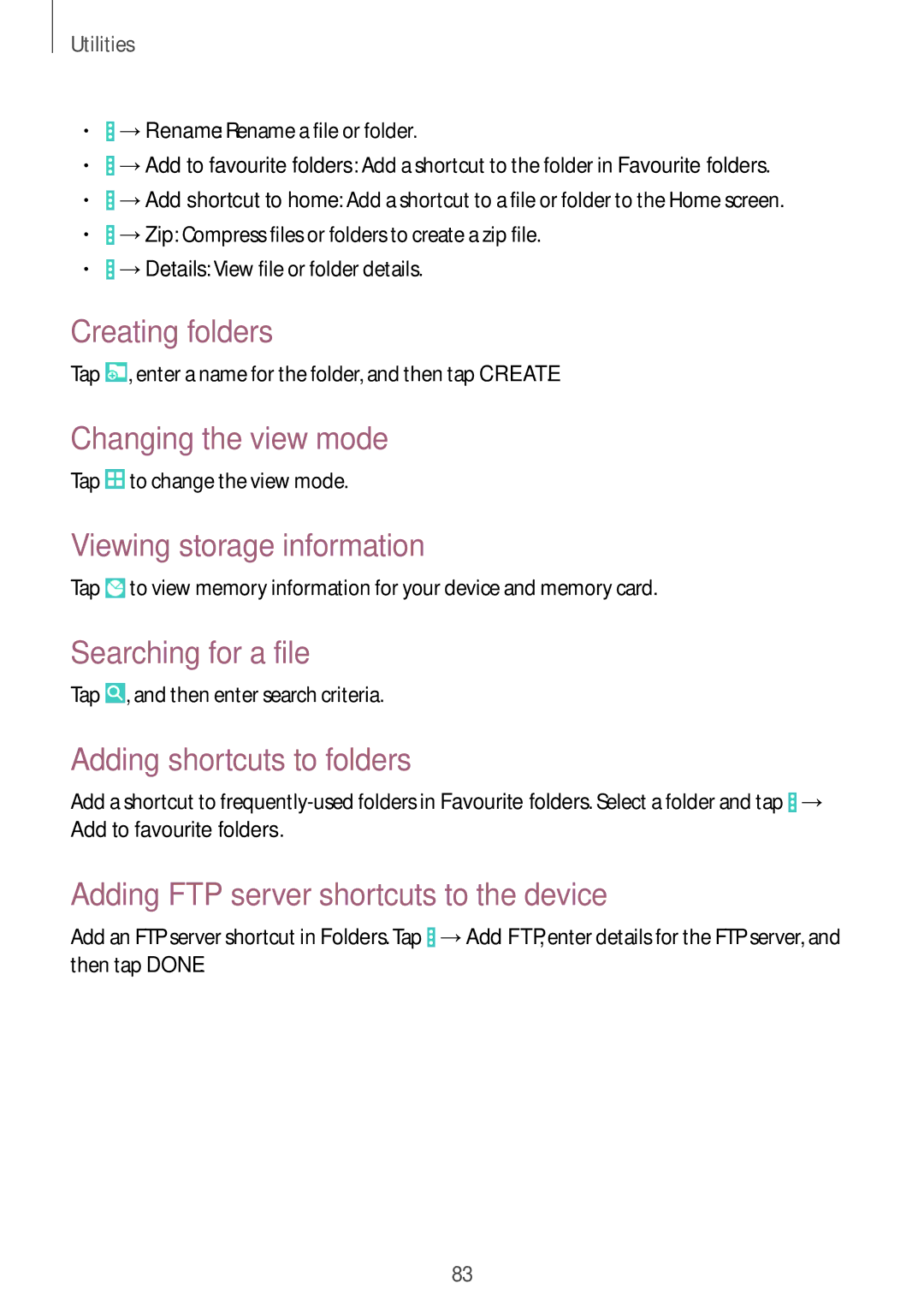 Samsung SM-T330NYKATUR manual Creating folders, Changing the view mode, Viewing storage information, Searching for a file 