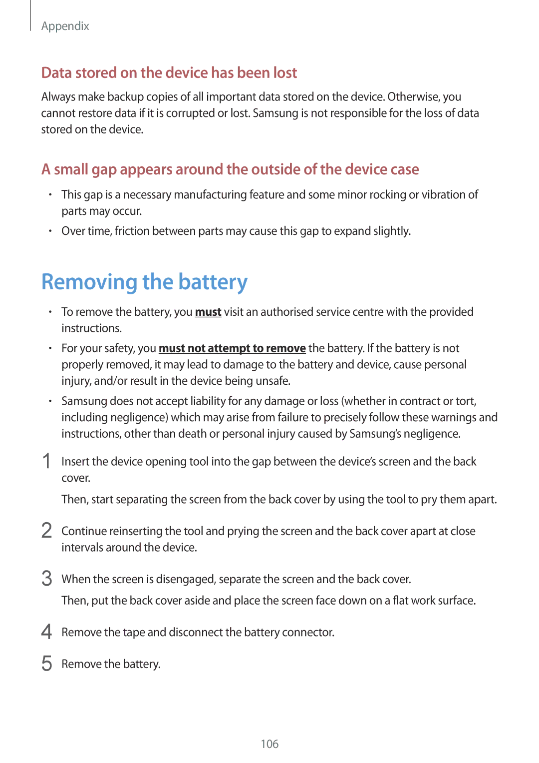 Samsung SM-T330NYKATUR, SM-T330NZWATPH, SM-T330NYKADBT manual Removing the battery, Data stored on the device has been lost 