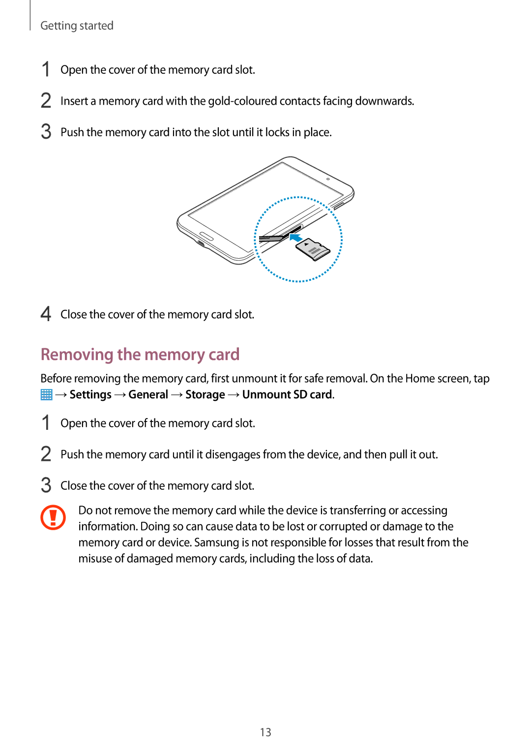 Samsung SM-T330NZWAXEF, SM-T330NZWATPH manual Removing the memory card, →Settings →General →Storage →Unmount SD card 