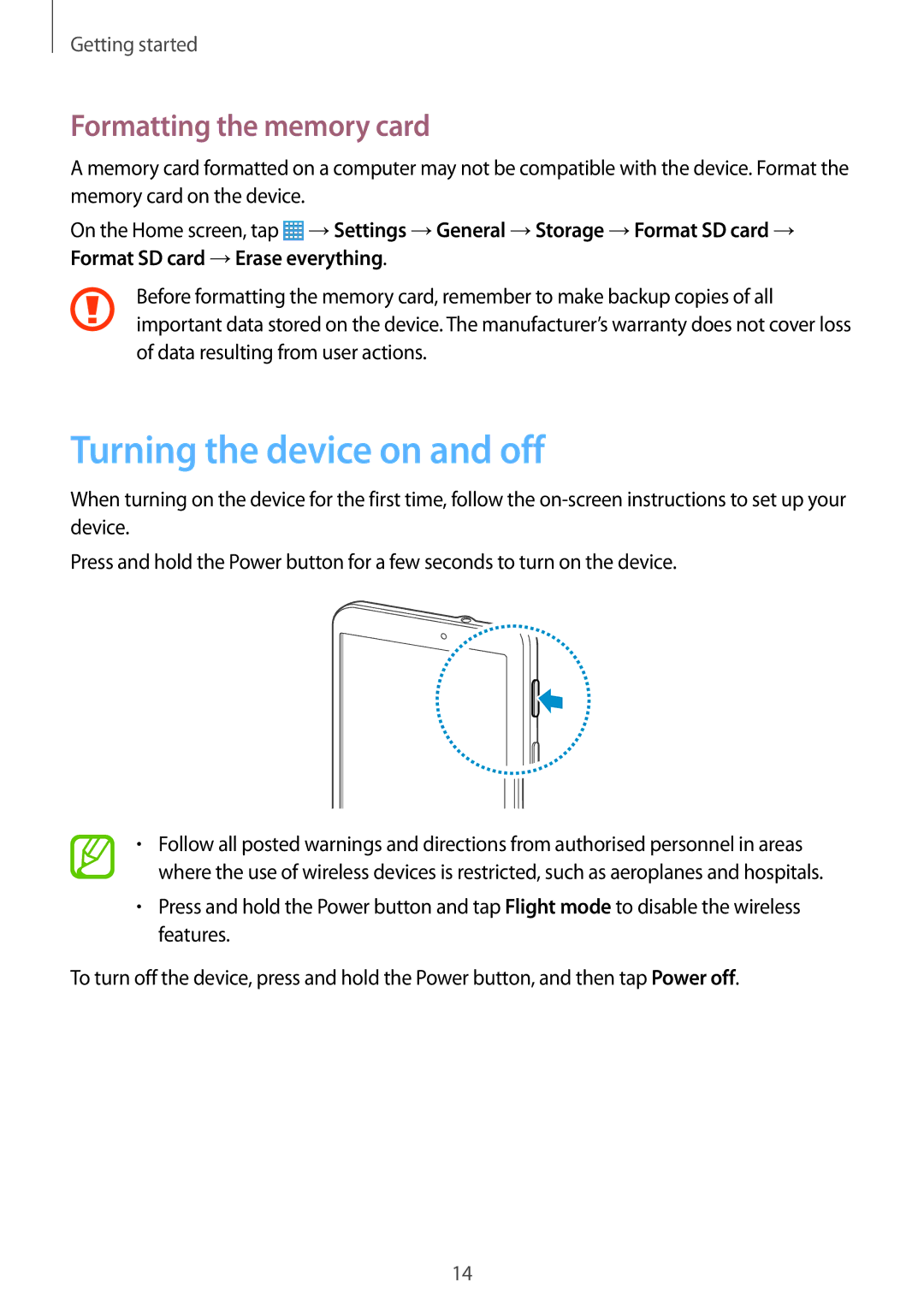 Samsung SM-T330NYKAPHE, SM-T330NZWATPH, SM-T330NYKADBT manual Turning the device on and off, Formatting the memory card 