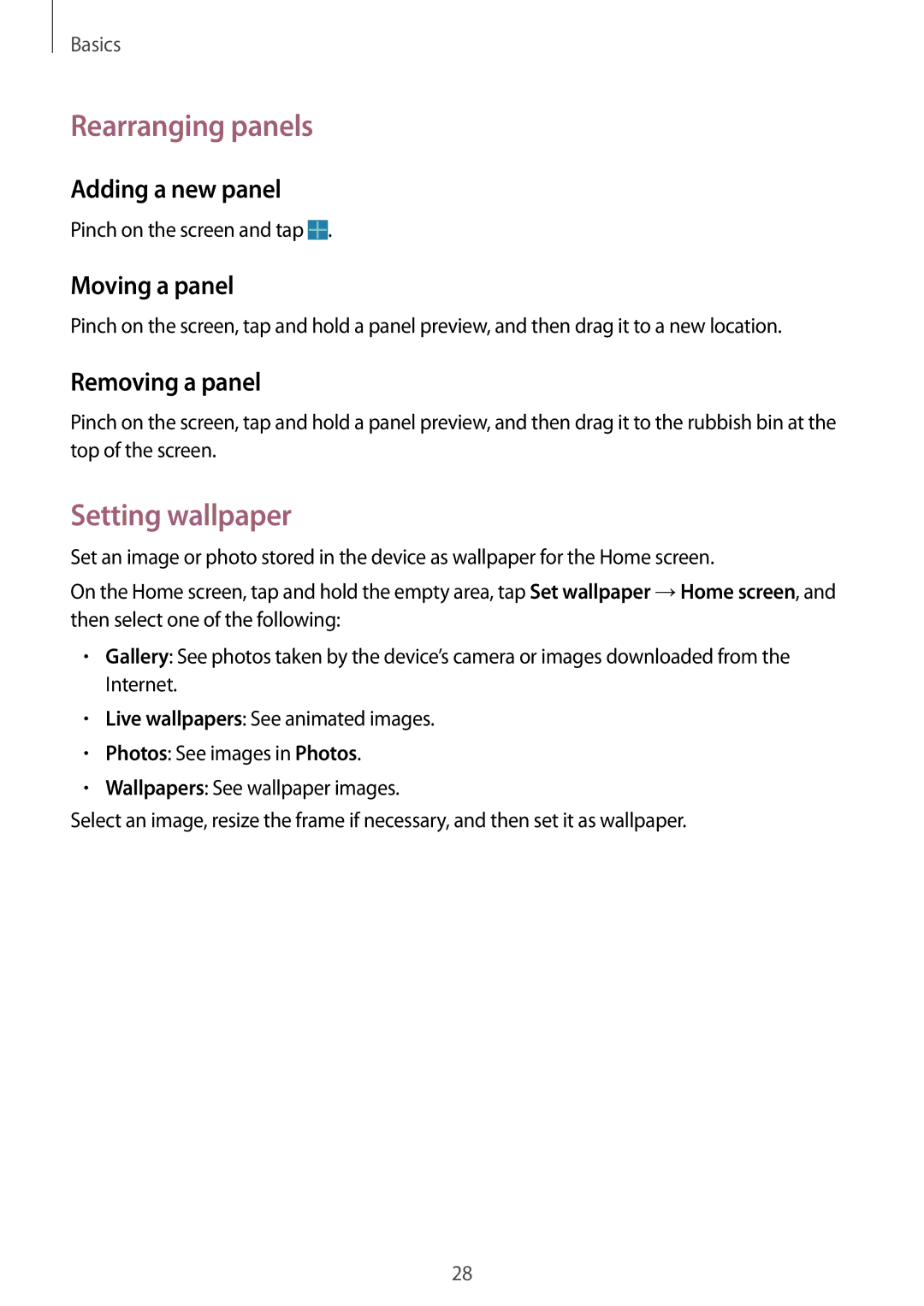 Samsung SM-T330NZWATUR manual Rearranging panels, Setting wallpaper, Adding a new panel, Moving a panel, Removing a panel 