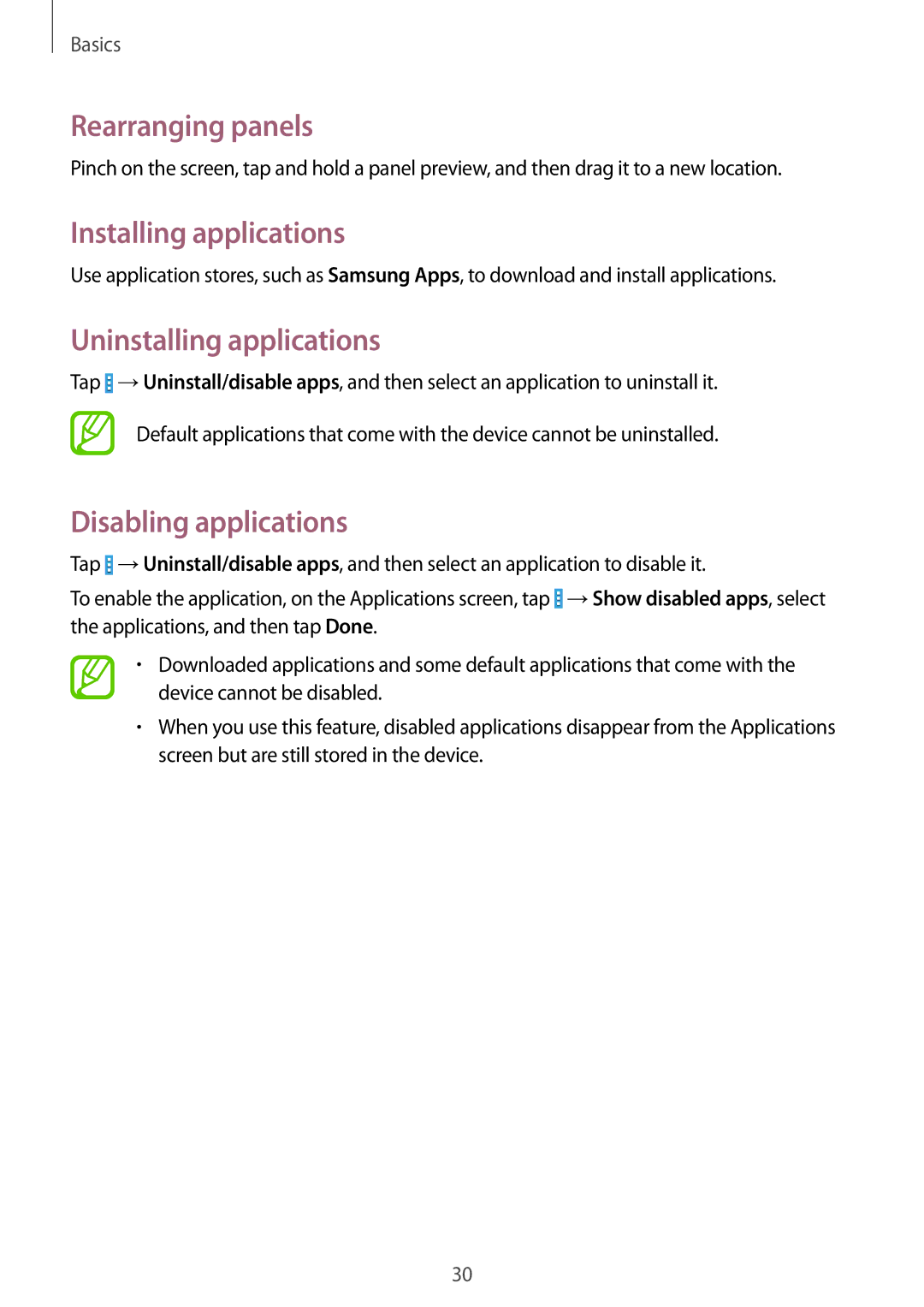Samsung SM-T330NYKAPHE, SM-T330NZWATPH manual Installing applications, Uninstalling applications, Disabling applications 