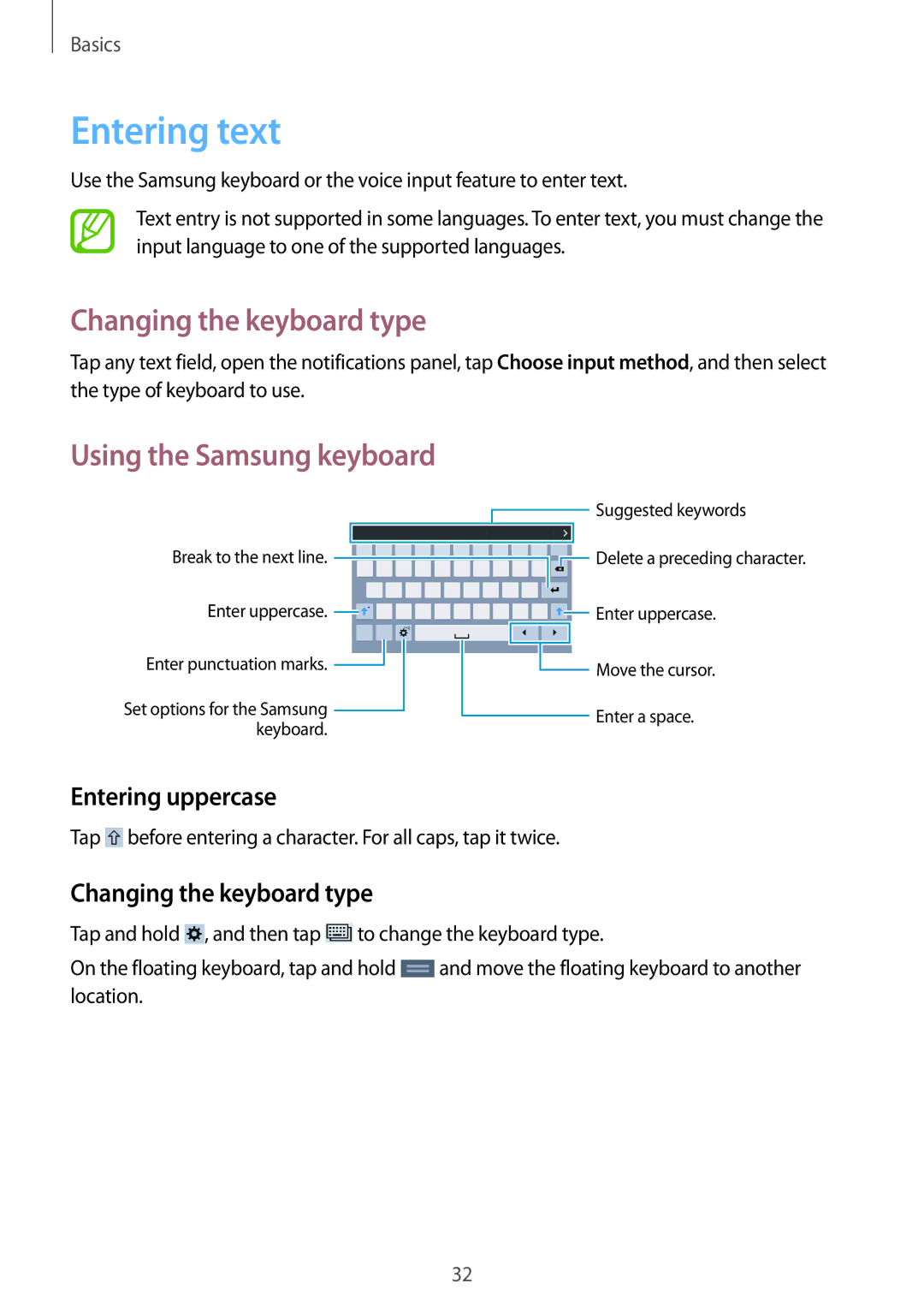 Samsung SM-T330NZWATPH, SM-T330NYKADBT, SM-T330NYKATUR manual Entering text, Changing the keyboard type, Entering uppercase 