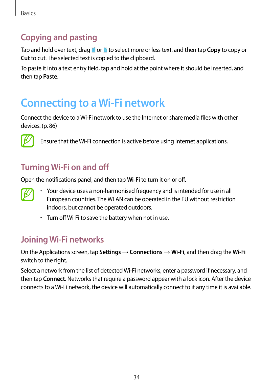 Samsung SM-T330NYKATUR, SM-T330NZWATPH manual Connecting to a Wi-Fi network, Copying and pasting, Turning Wi-Fi on and off 