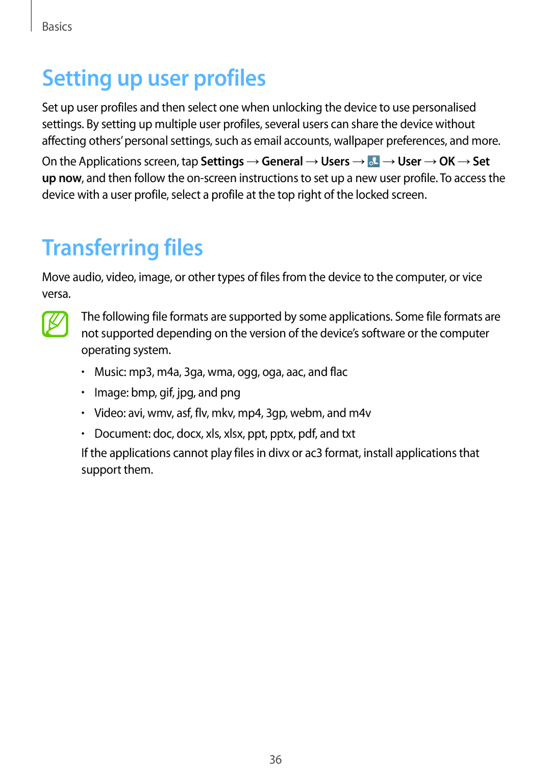 Samsung SM-T330NZWATUR, SM-T330NZWATPH, SM-T330NYKADBT, SM-T330NYKATUR manual Setting up user profiles, Transferring files 