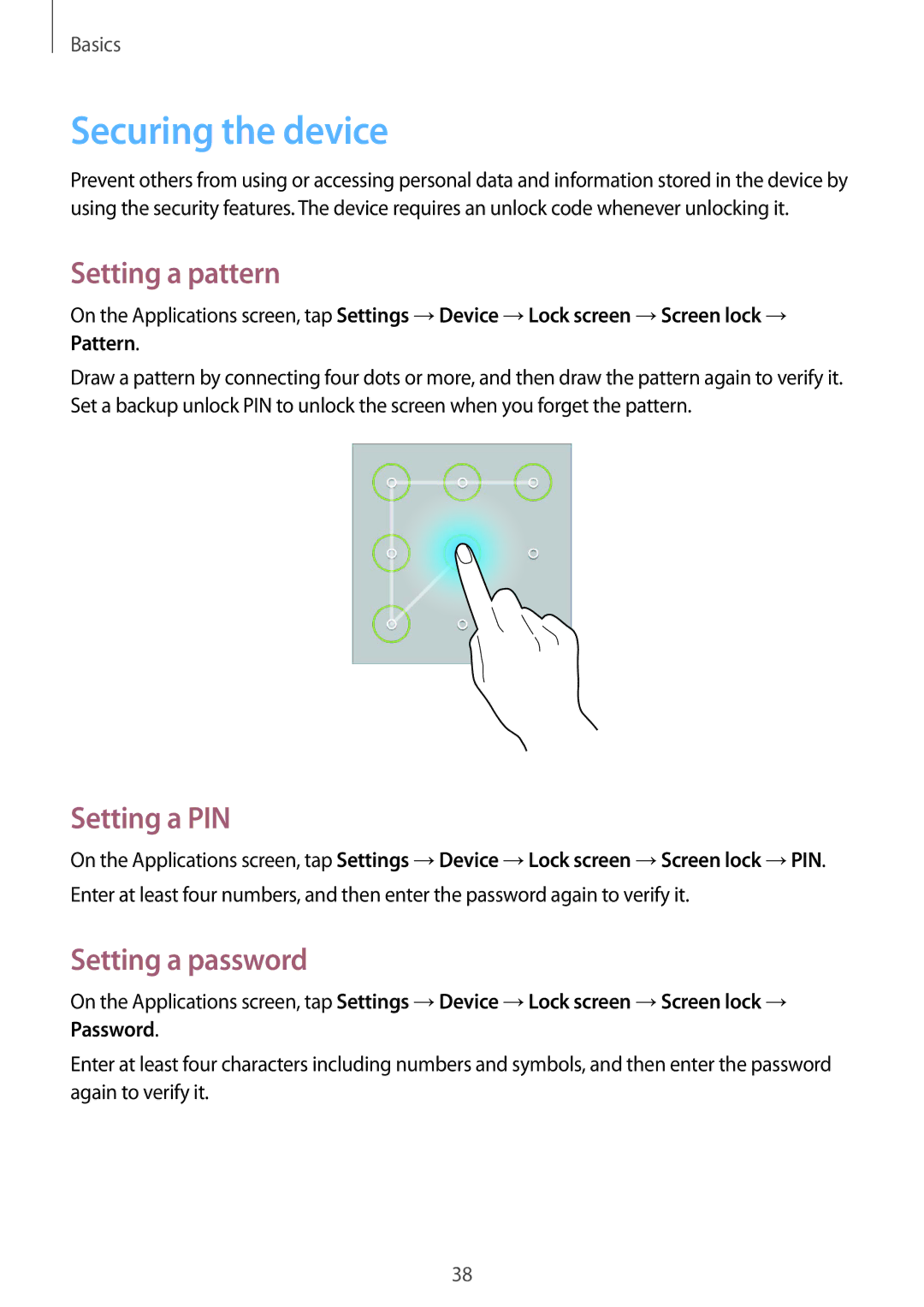 Samsung SM-T330NYKAPHE, SM-T330NZWATPH manual Securing the device, Setting a pattern, Setting a PIN, Setting a password 