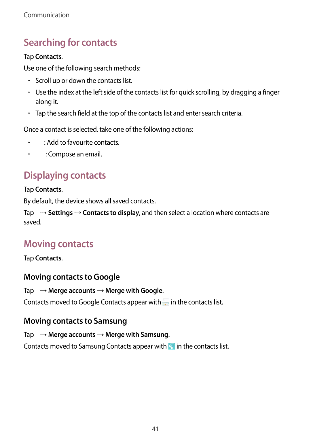 Samsung SM-T330NYKADBT, SM-T330NZWATPH manual Searching for contacts, Displaying contacts, Moving contacts to Google 