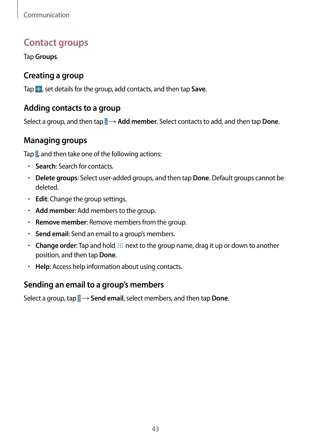 Samsung SM-T330NZWADBT, SM-T330NZWATPH manual Contact groups, Creating a group, Adding contacts to a group, Managing groups 