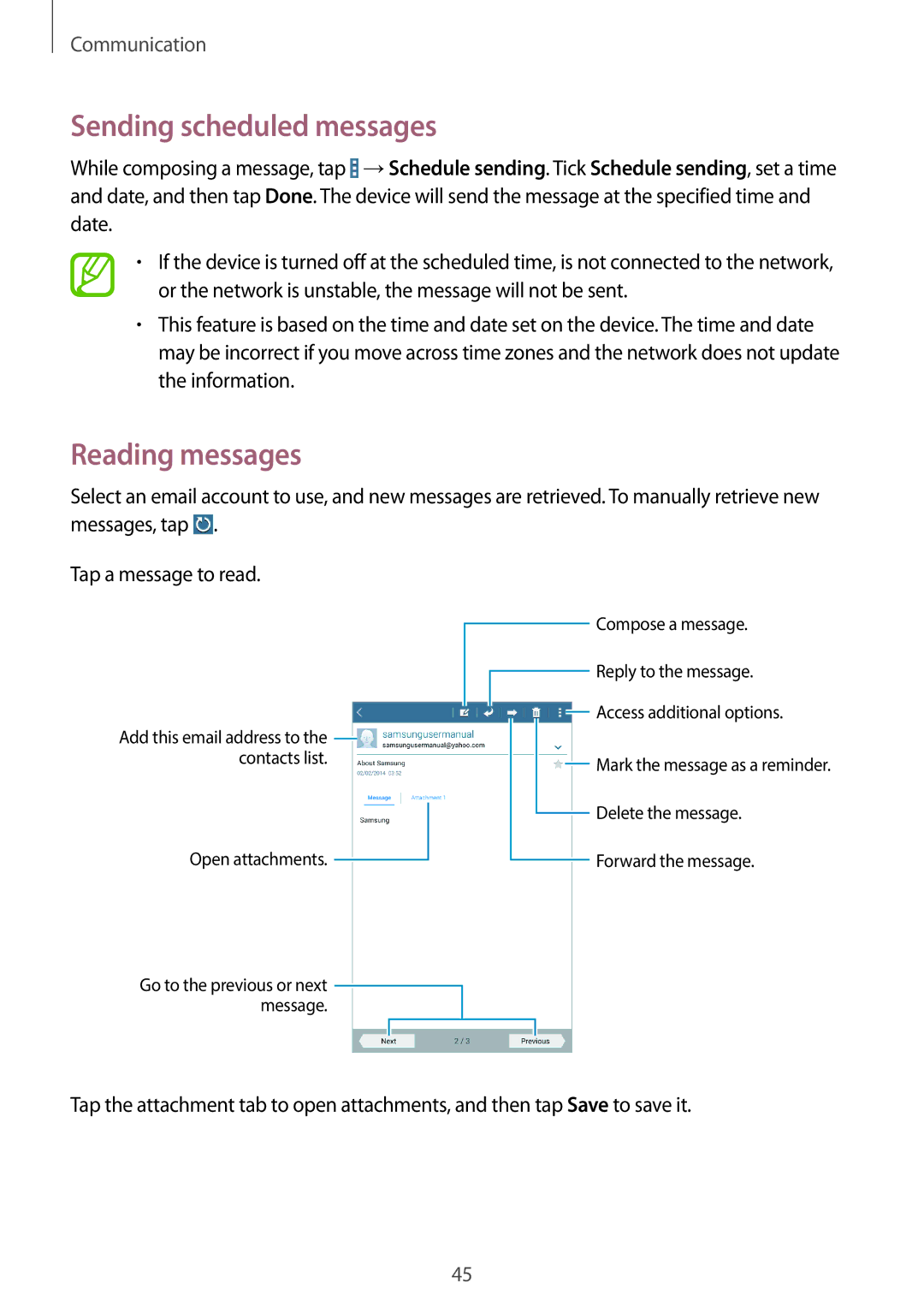 Samsung SM-T330NZWAXEF, SM-T330NZWATPH, SM-T330NYKADBT, SM-T330NYKATUR manual Sending scheduled messages, Reading messages 