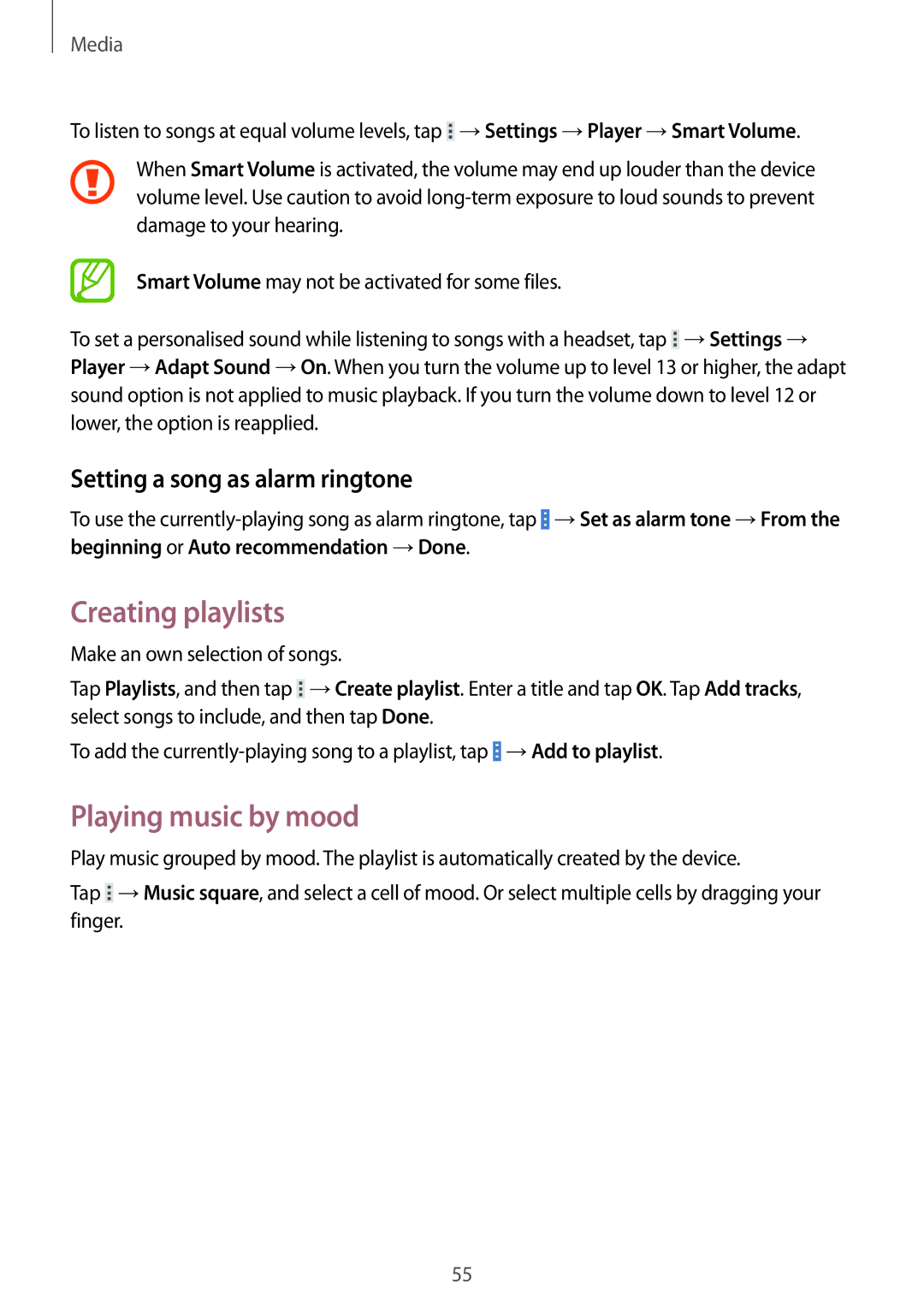 Samsung SM-T330NZWAPHE, SM-T330NZWATPH manual Creating playlists, Playing music by mood, Setting a song as alarm ringtone 