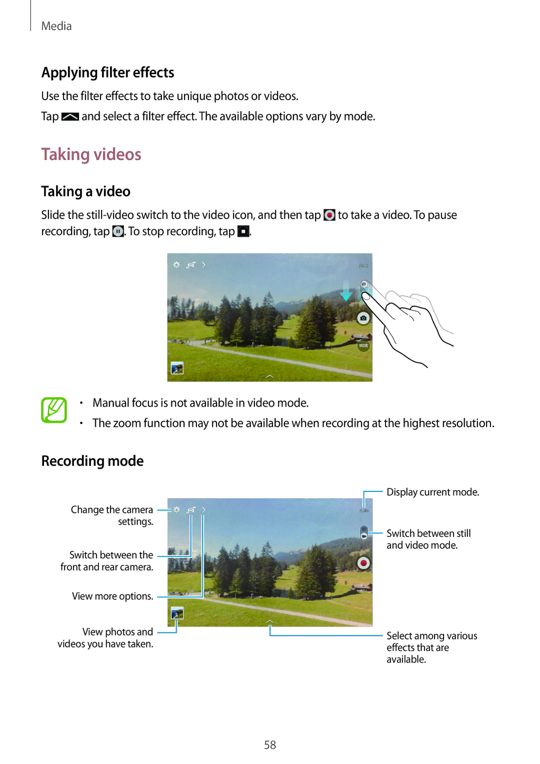 Samsung SM-T330NYKATUR, SM-T330NZWATPH manual Taking videos, Applying filter effects, Taking a video, Recording mode 