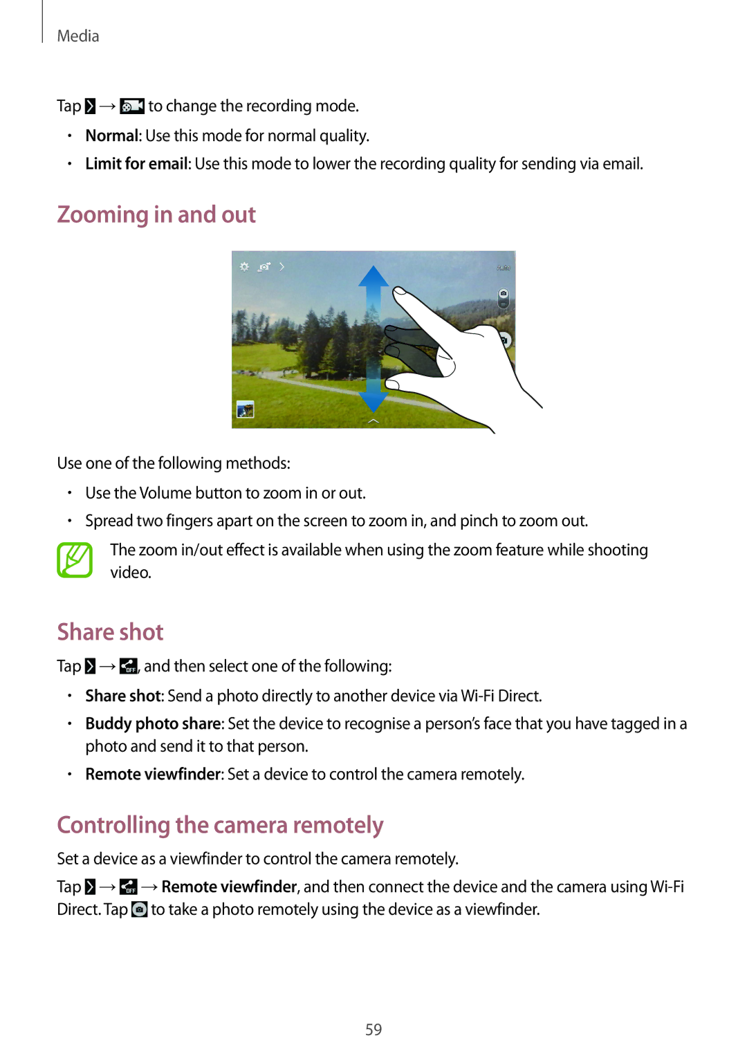 Samsung SM-T330NZWADBT, SM-T330NZWATPH, SM-T330NYKADBT manual Zooming in and out, Share shot, Controlling the camera remotely 