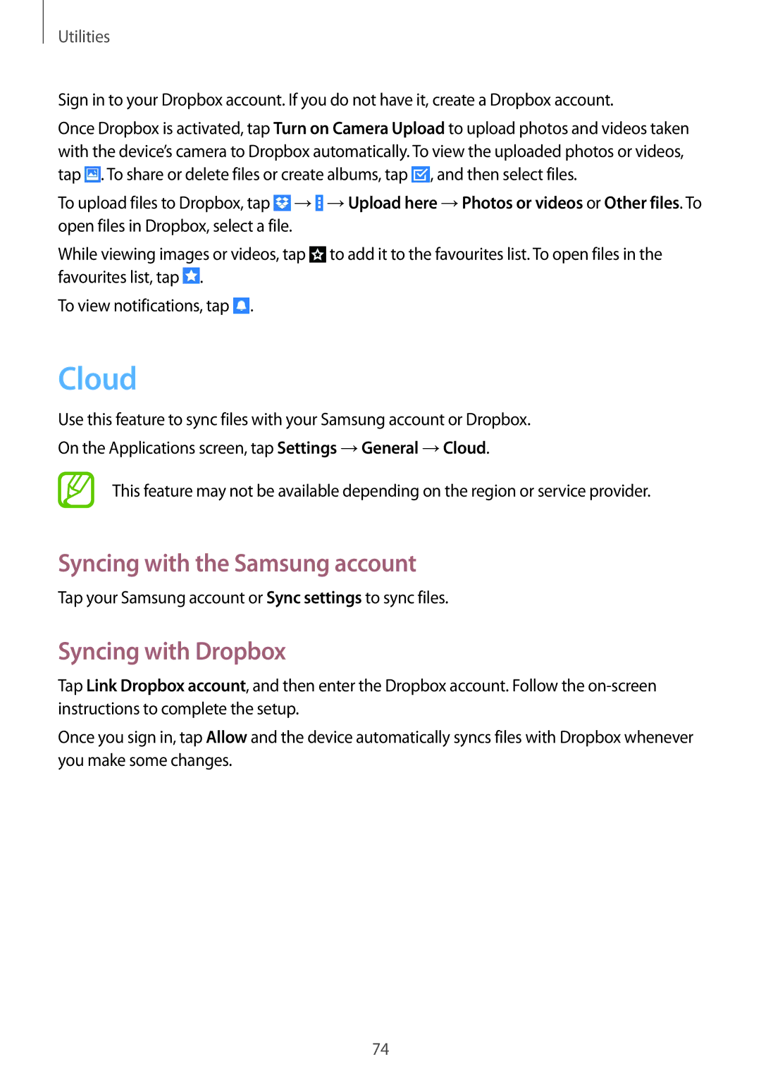 Samsung SM-T330NYKATUR, SM-T330NZWATPH, SM-T330NYKADBT manual Cloud, Syncing with the Samsung account, Syncing with Dropbox 