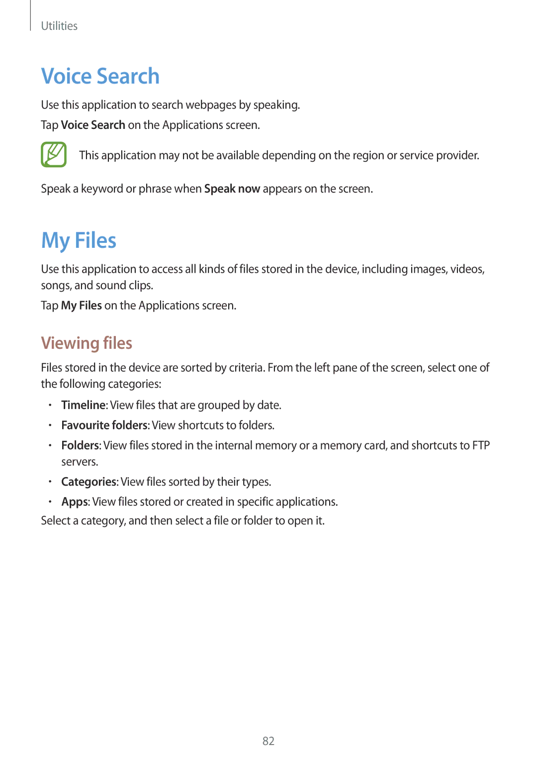 Samsung SM-T330NYKATUR, SM-T330NZWATPH, SM-T330NYKADBT, SM-T330NZWADBT, SM-T330NZWATUR Voice Search, My Files, Viewing files 
