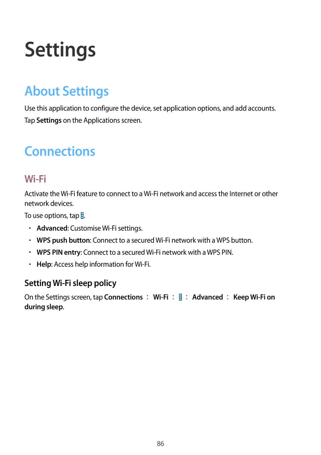 Samsung SM-T330NYKAPHE, SM-T330NZWATPH, SM-T330NYKADBT manual About Settings, Connections, Setting Wi-Fi sleep policy 