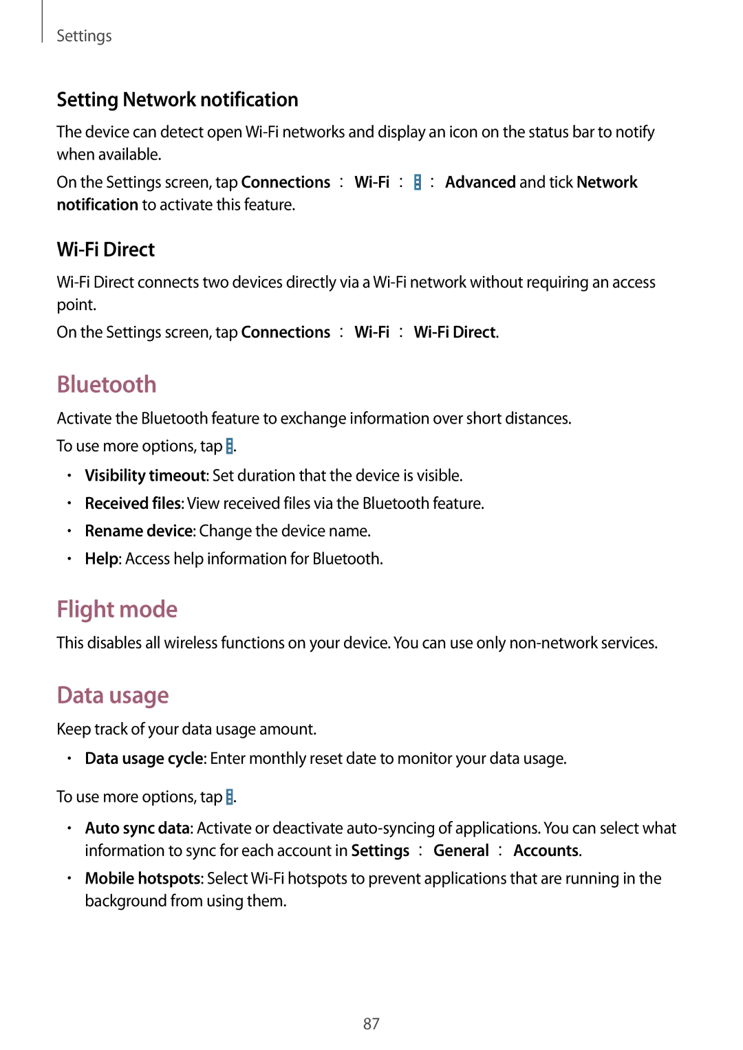 Samsung SM-T330NZWAPHE, SM-T330NZWATPH manual Bluetooth, Flight mode, Data usage, Setting Network notification, Wi-Fi Direct 