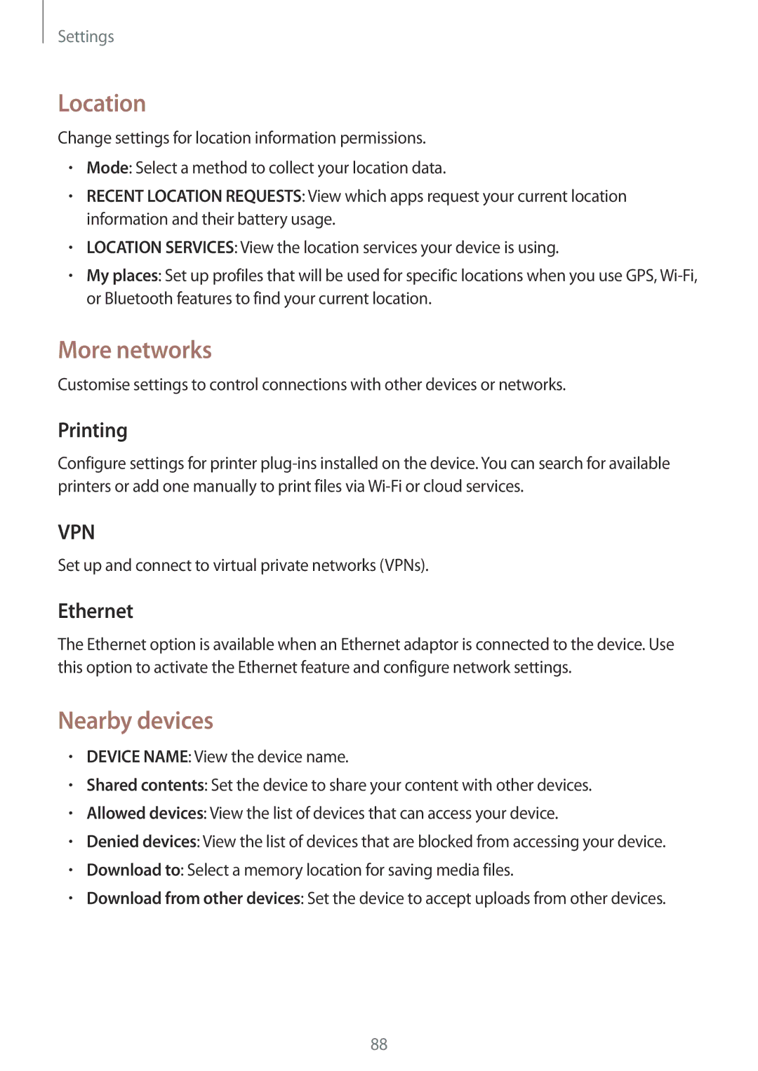 Samsung SM-T330NZWATPH, SM-T330NYKADBT, SM-T330NYKATUR manual Location, More networks, Nearby devices, Printing, Ethernet 