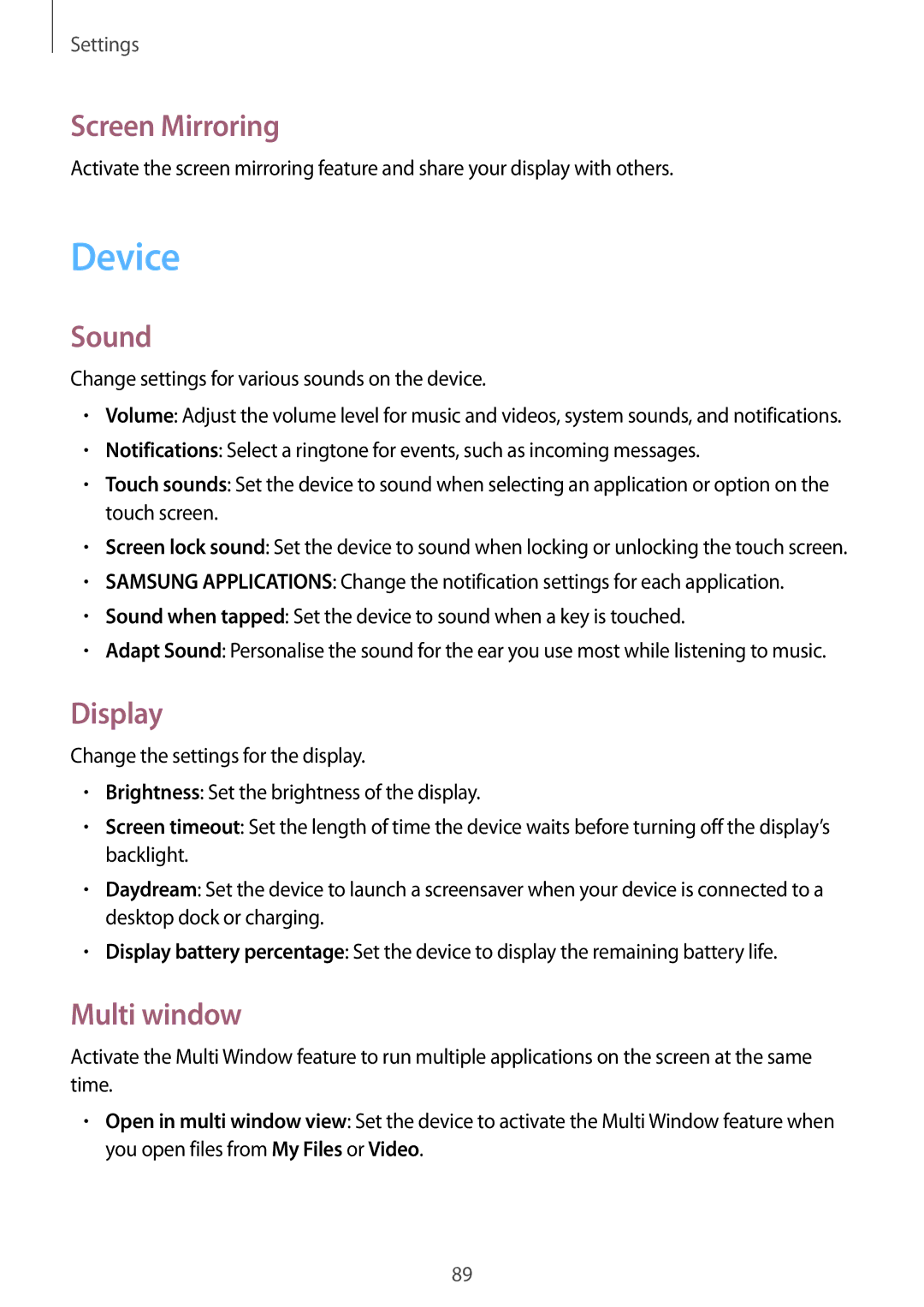 Samsung SM-T330NYKADBT, SM-T330NZWATPH, SM-T330NYKATUR manual Device, Screen Mirroring, Sound, Display, Multi window 