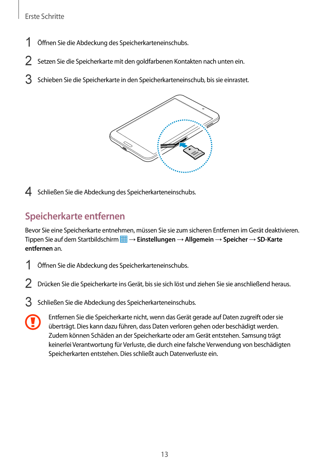 Samsung SM-T330NZWADBT, SM-T330NZWATPH, SM-T330NYKADBT, SM-T330NYKATUR, SM-T330NZWATUR manual Speicherkarte entfernen 