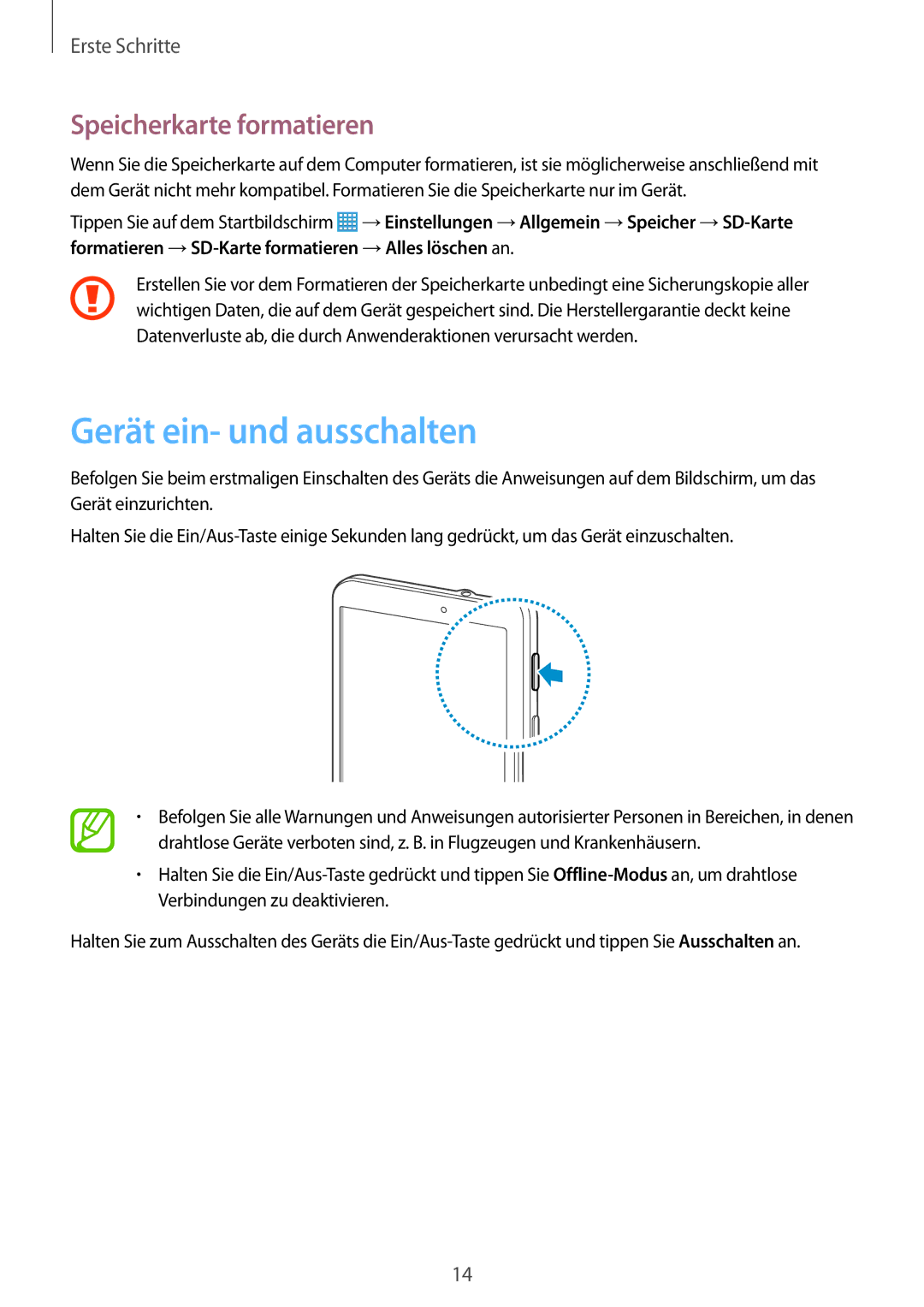 Samsung SM-T330NZWATUR, SM-T330NZWATPH, SM-T330NYKADBT, SM-T330NYKATUR Gerät ein- und ausschalten, Speicherkarte formatieren 