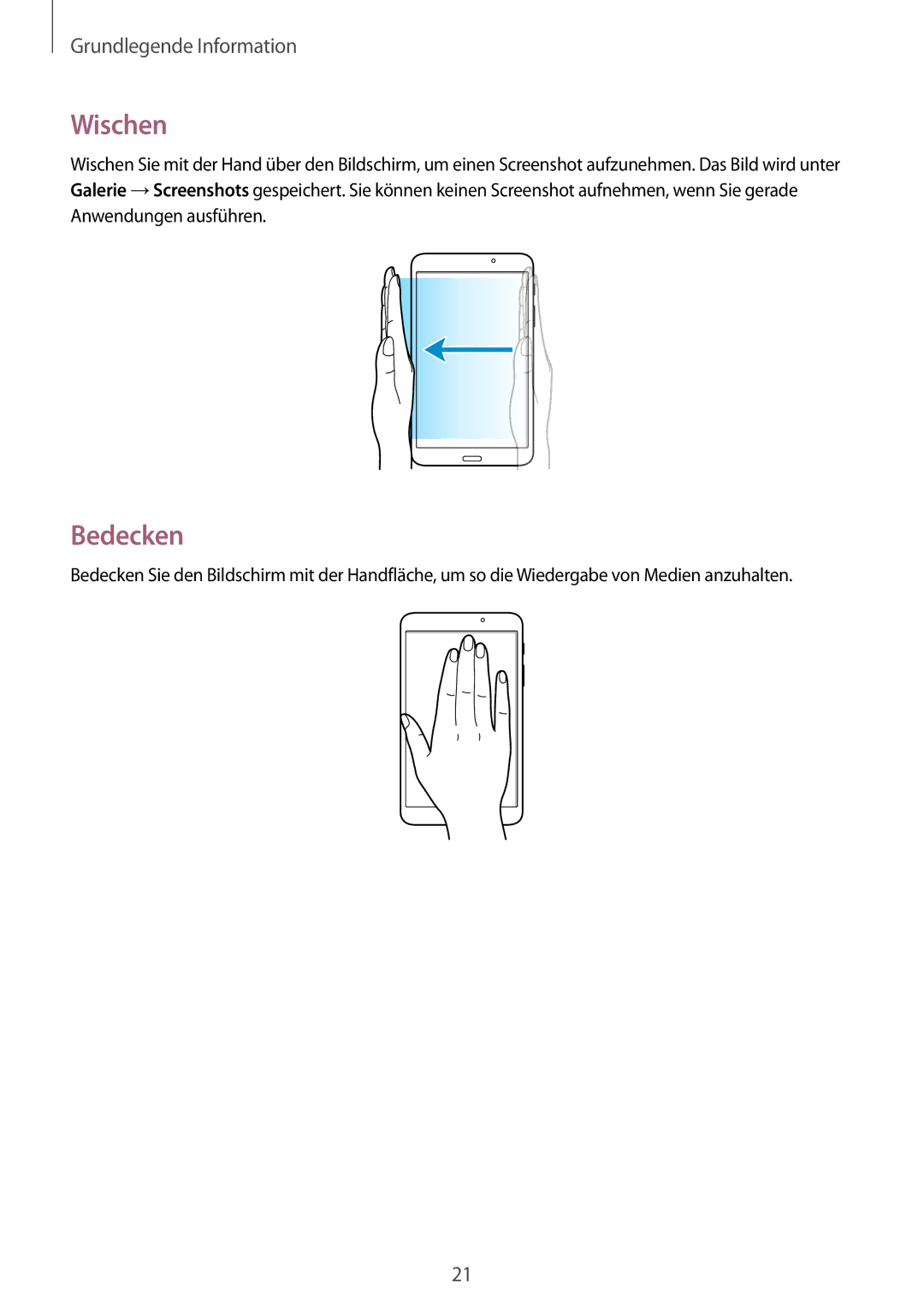 Samsung SM-T330NYKADBT, SM-T330NZWATPH, SM-T330NYKATUR, SM-T330NZWADBT, SM-T330NZWATUR manual Wischen, Bedecken 